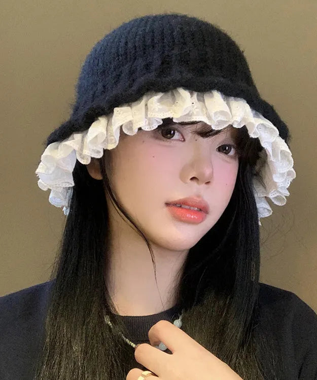 Black Lace Patchwork Knit Bucket Hat