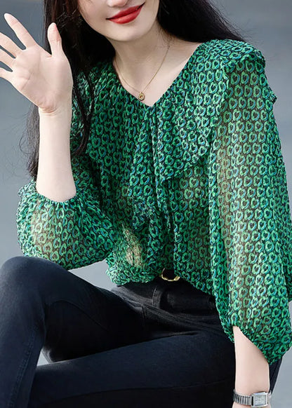 Green Ruffled Print Chiffon Top Bracelet Sleeve
