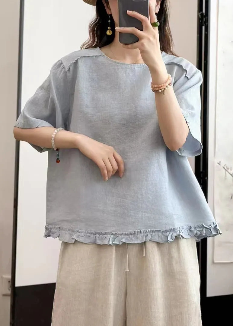 Sky Blue Wear on Both Sides Linen Summer Blouse Ruffled
