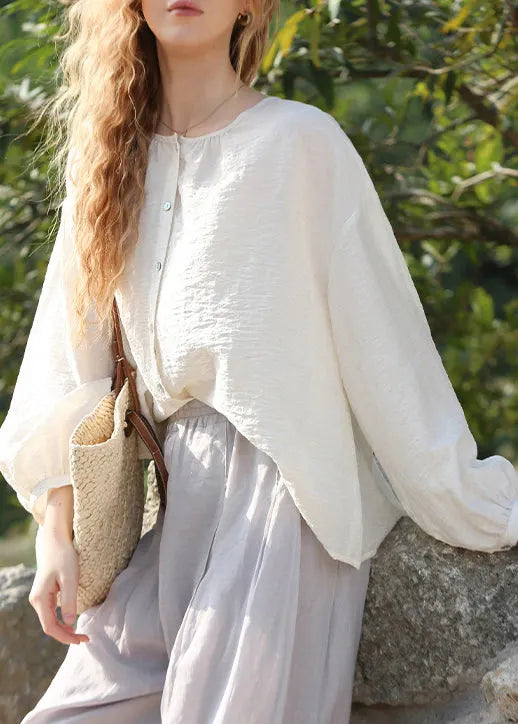 French White O Neck Button Cotton Shirts Top Lantern Sleeve