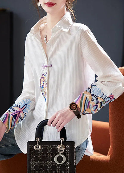 Striped White Peter Pan Collar Embroidered Cotton Blouses Fall