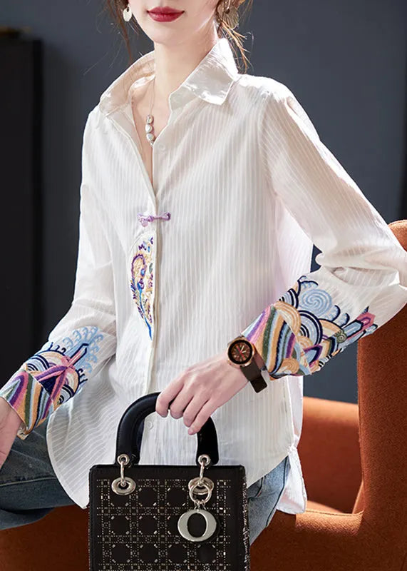 Striped White Peter Pan Collar Embroidered Cotton Blouses Fall