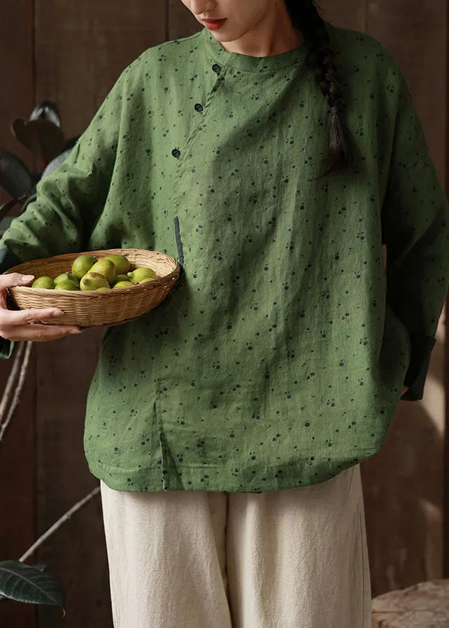 Retro Yellow O-neck Print Loose Linen Shirts Spring