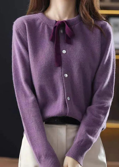 Purple O Neck Lace Up Patchwork Woolen Knitted Cardigans Fall