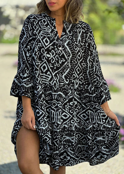 Black V Neck Print Patchwork Cotton Dresses Flare Sleeve