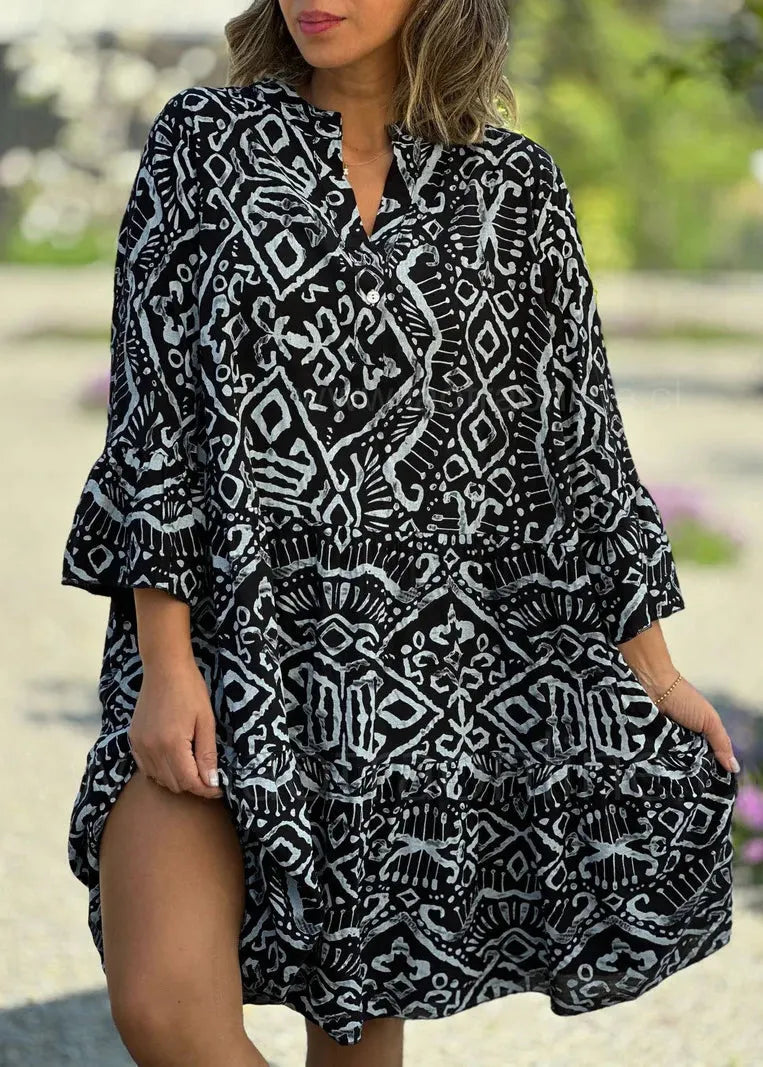 Black V Neck Print Patchwork Cotton Dresses Flare Sleeve