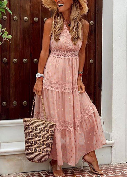 New Apricot V Neck Lace Patchwork Chiffon Long Dress Sleeveless