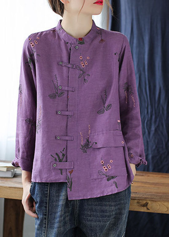 Purple Linen Shirts Top Stand Collar Embroidered Long Sleeve