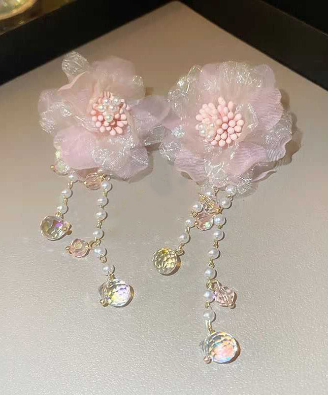 Pink Crystal Pearl Tulle Tassel Drop Earrings