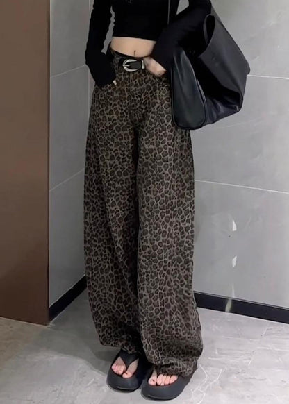 Unique Leopard Pockets High Waist Denim Wide Leg Pants Fall