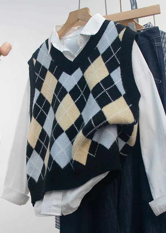 Black V Neck Geometric Print Knit Vest Sleeveless