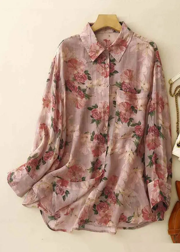 Loose Pink Peter Pan Collar Print Pockets Linen Shirt Spring