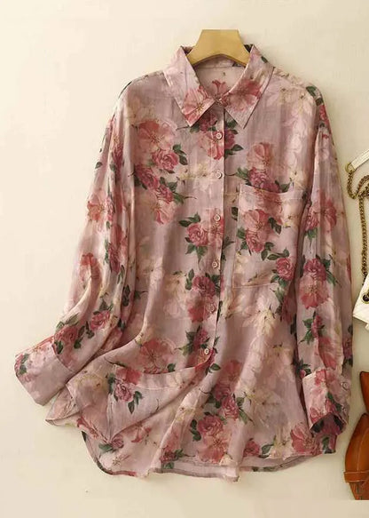 Loose Pink Peter Pan Collar Print Pockets Linen Shirt Spring