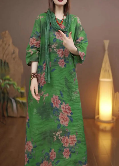 Green O-neck Print Long Dress Fall