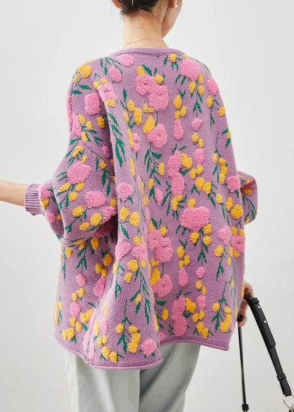 French Pink O-neck Jacquard Knit Cardigans Winter