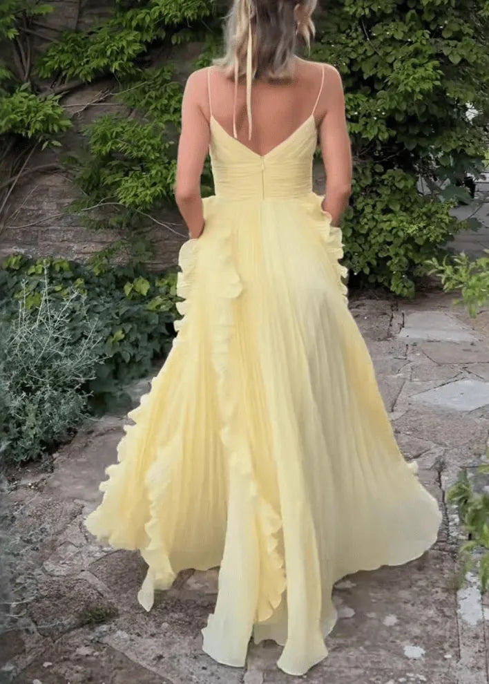 Classy Yellow V Neck Ruffled High Waist Chiffon Spaghetti Strap Dress Sleeveless