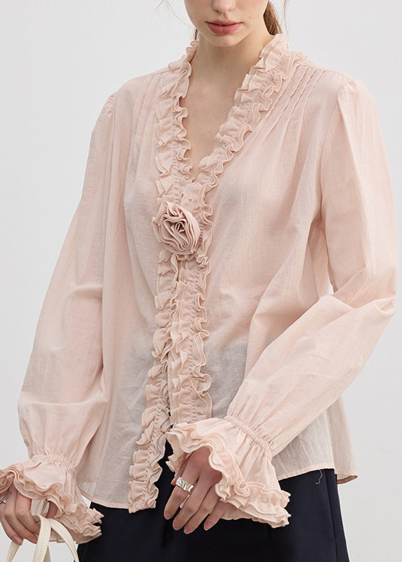 Fine Pink V Neck Ruffled Cotton Shirt Top Fall