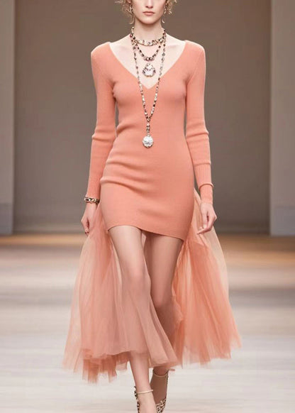 Brick Red V Neck Patchwork Tulle Knitted Dress Fall