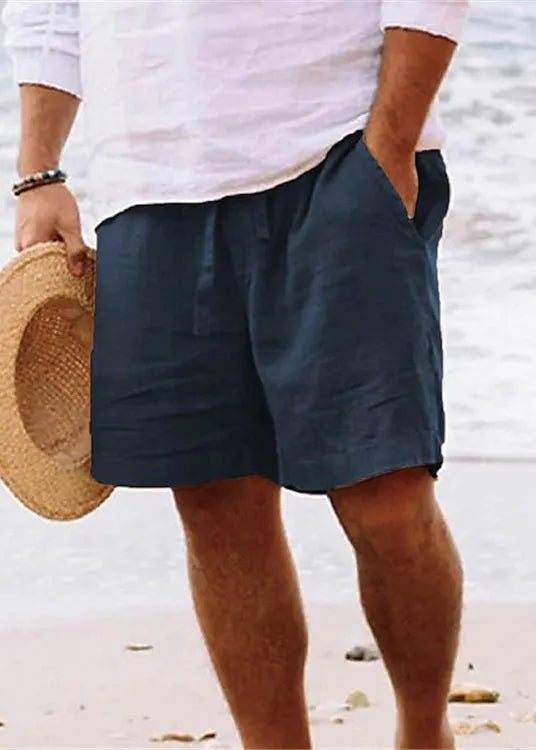 Simple Brown Pockets Elastic Waist Cotton Shorts Summer