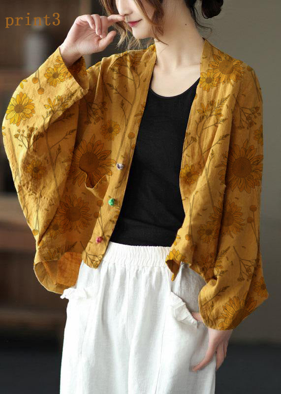 Fine Yellow-yellow Flower Bat Wing Sleeve Pockets Coat Short