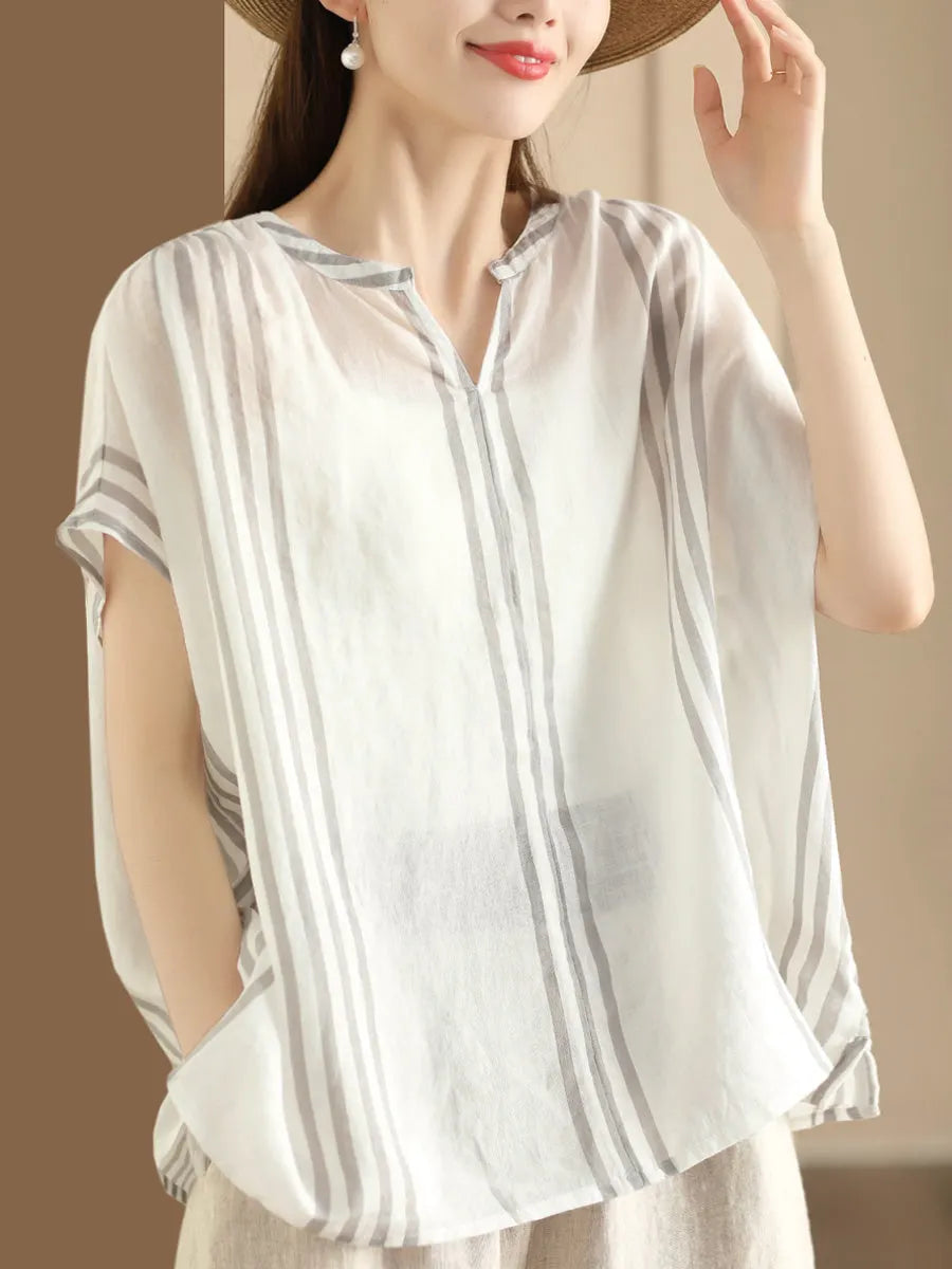 Summer Artsy Stripe V-neck Thin Linen Shirt
