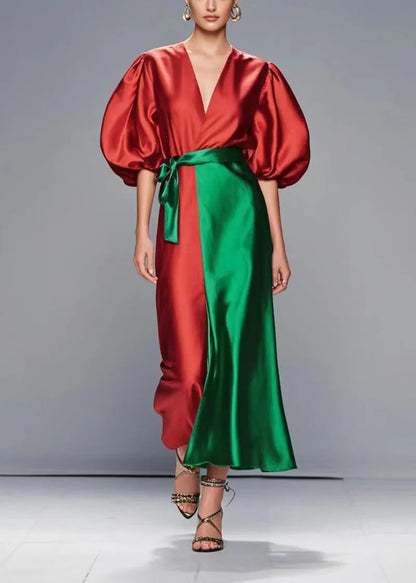 Red Puff Sleeve Patchwork Silk Robe Dresses