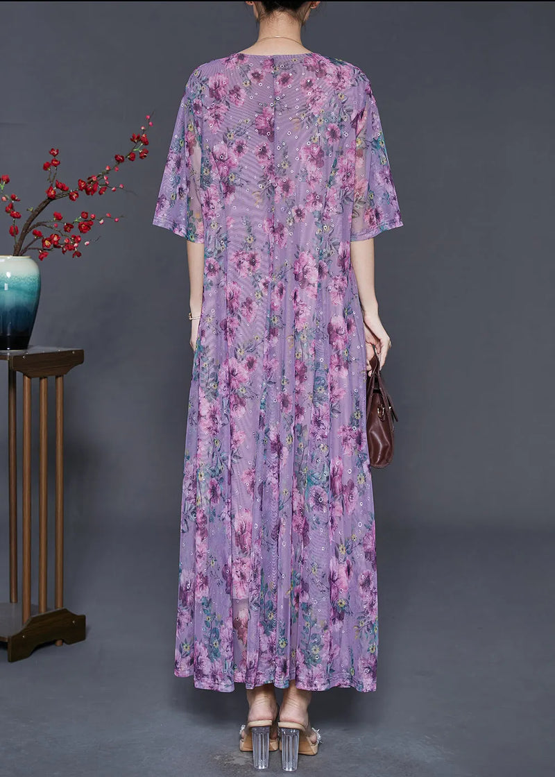 Unique Purple Print Exra Large Hem Chiffon Vacation Dresses Summer