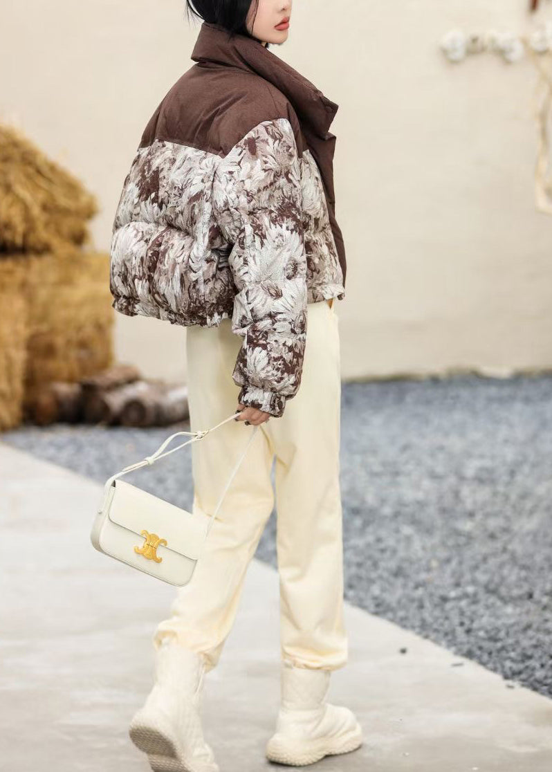 Coffee Print Drawstring Duck Down Puffers Coats Winter