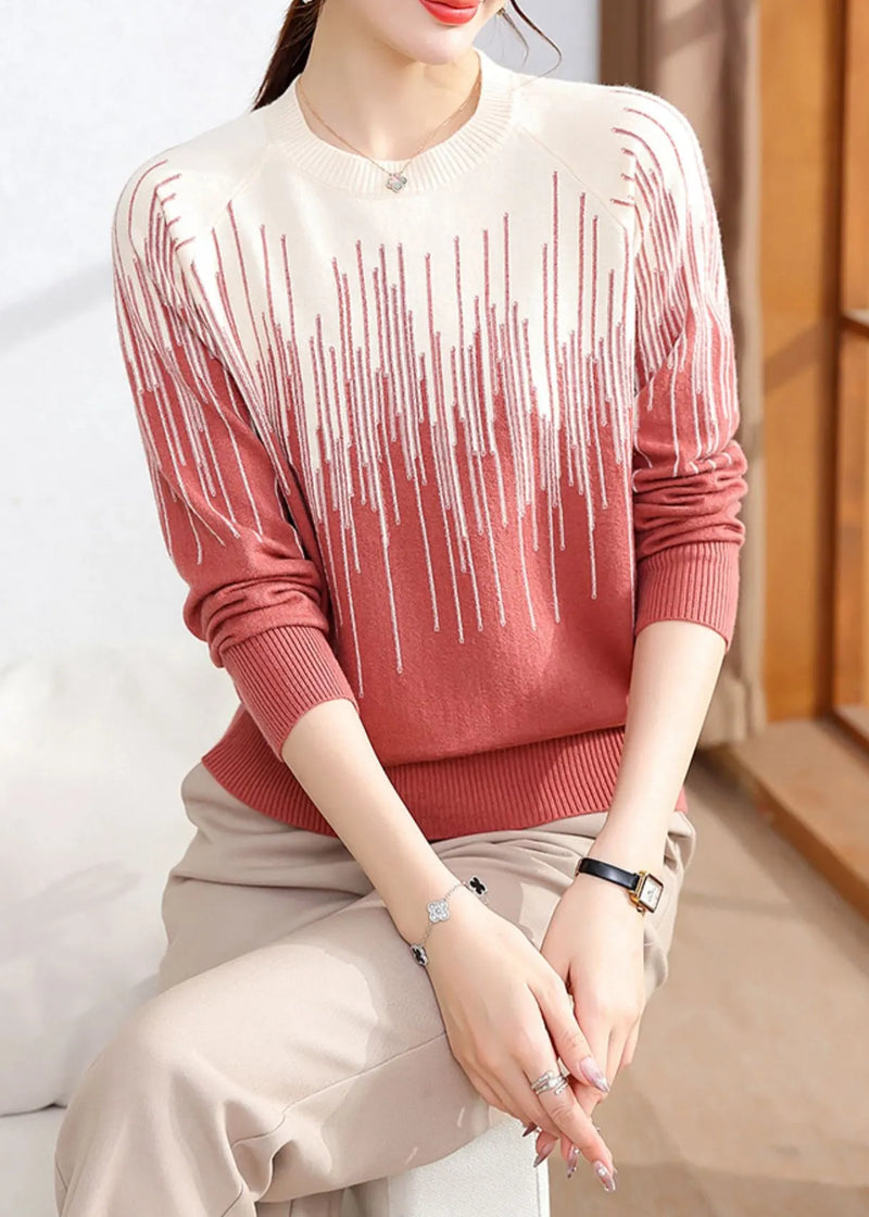 Brick Red Striped Cozy Knit Winter Sweater Tops O Neck
