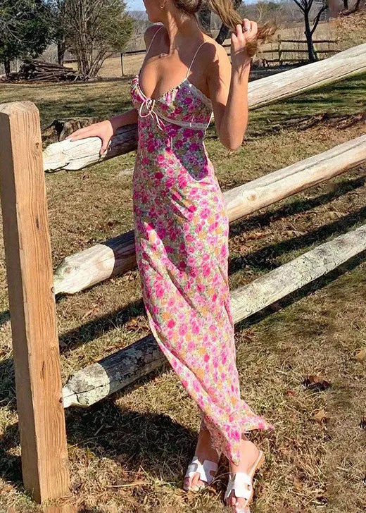 Fine Pink Print Cotton Spaghetti Strap Dress Summer