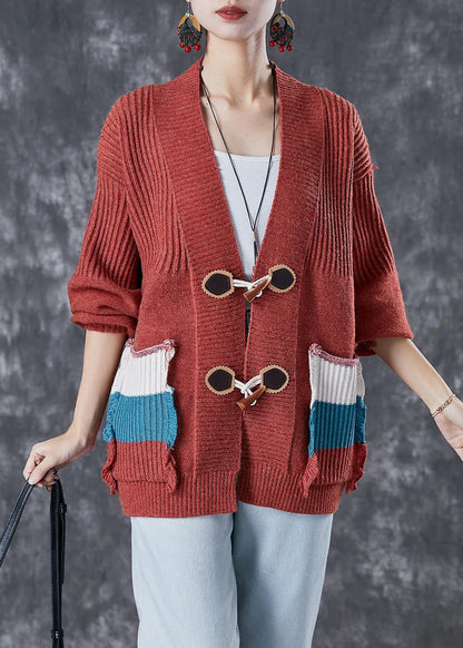 Red Oversized Patchwork Pockets Knit Cardigan Fall