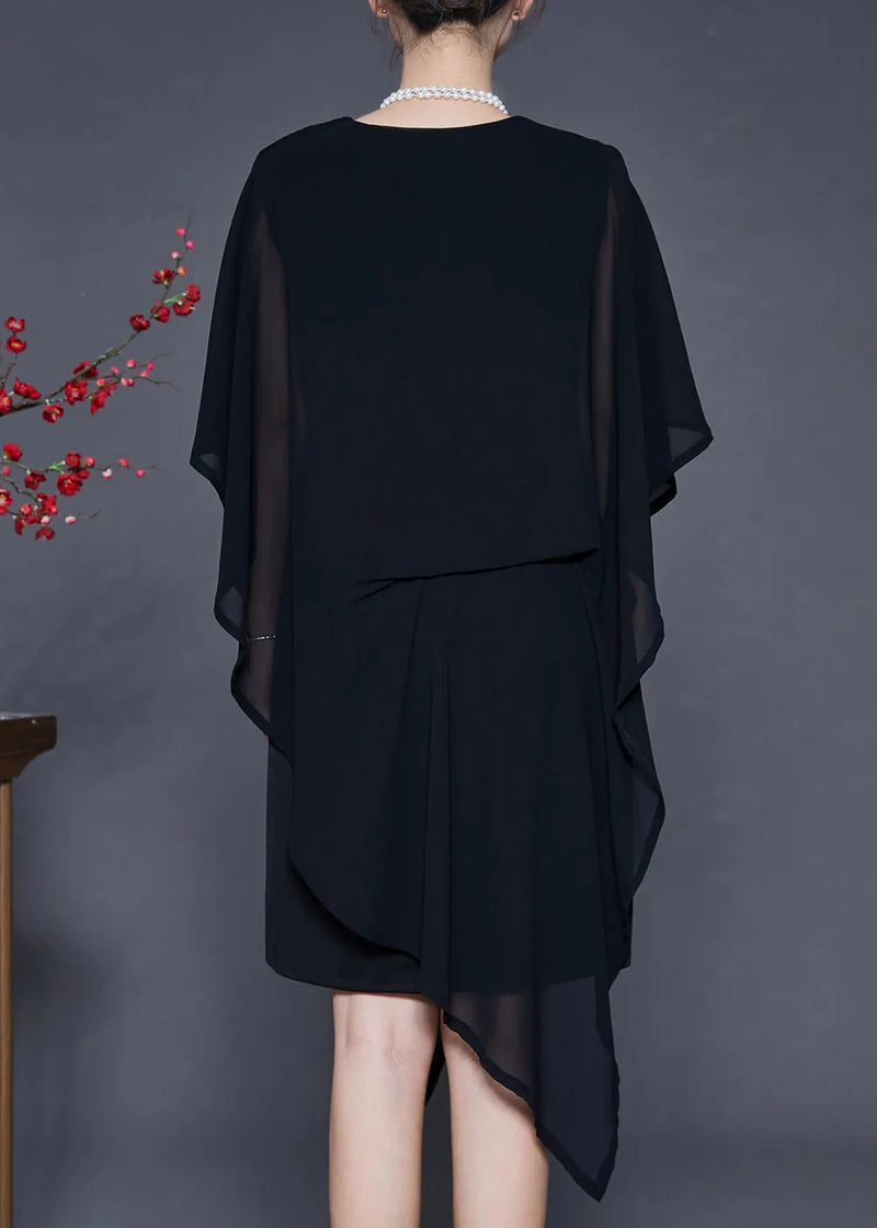 Black Asymmetrical Cold Shoulder Chiffon Tea Dress Summer