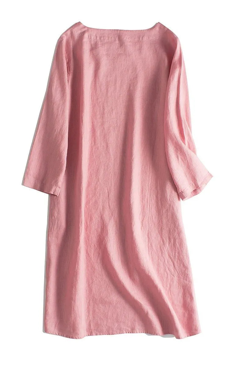 Simple Linen Pure Color 3/4 Sleeve Dress Outfits