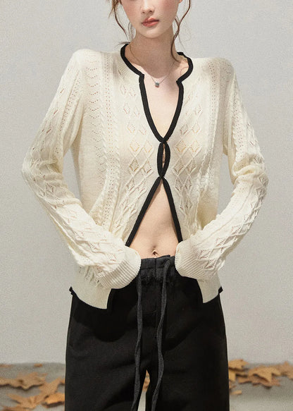 White Hollow Out Side Open Knit Tops Fall