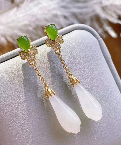 White Sterling Silver Overgild Jade Magnolia Drop Earrings