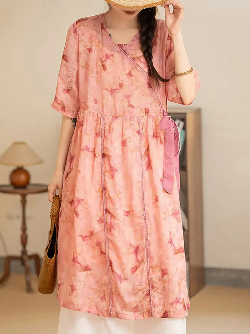 Summer Flower Strap V-neck Ramie Dress