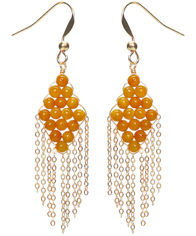 Oversize Yellow 14k Gold Amber Beeswax Tassel Drop Earrings