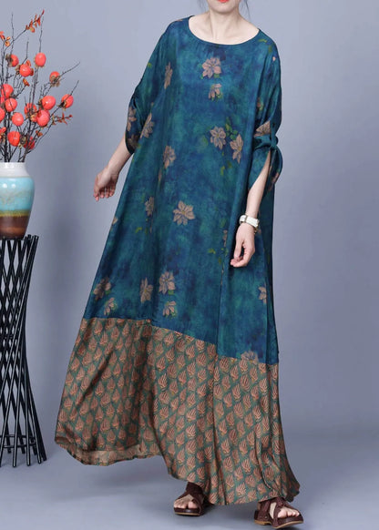 Retro Blue O-neck Print Patchwork Silk Maxi Dress Spring
