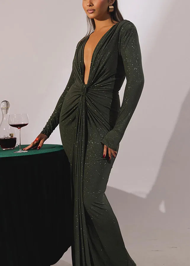 Original Design Green Wrinkled Side Open Robe Dresses