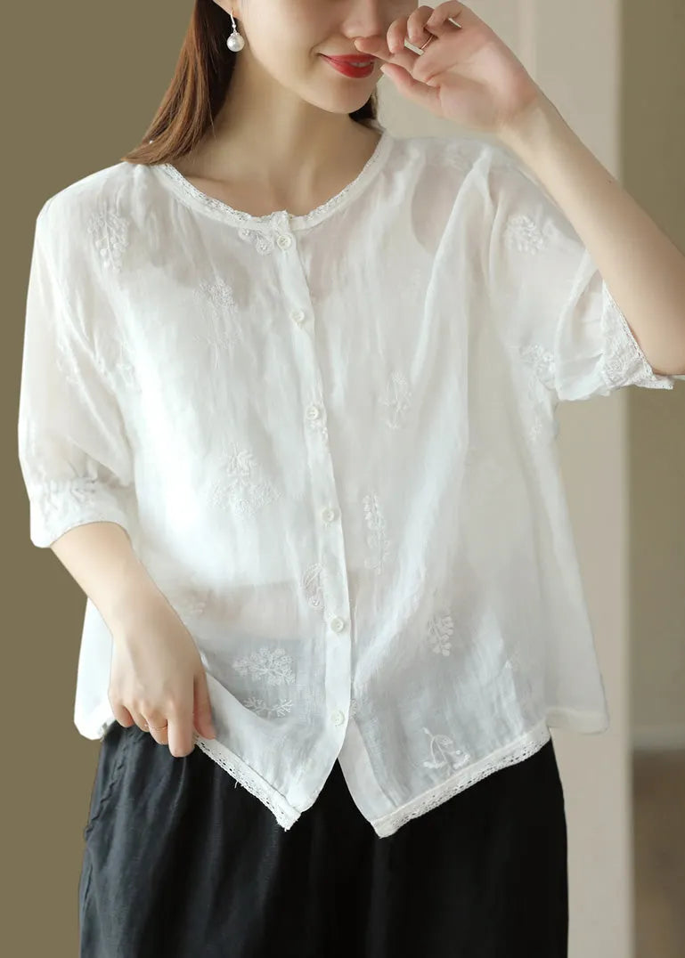 Green O Neck Embroidered Linen Shirt Summer