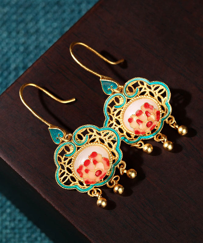 Green Ancient Gold Jade Enamel Tassel Drop Earrings