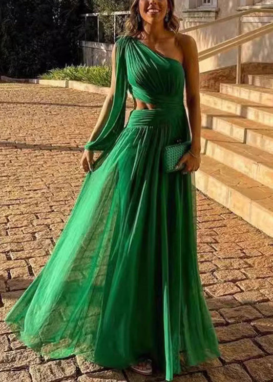 Green One Shoulder Hollow Out Tulle Dress Summer