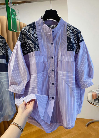 Blue Stand Collar Print Patchwork Shirt Fall