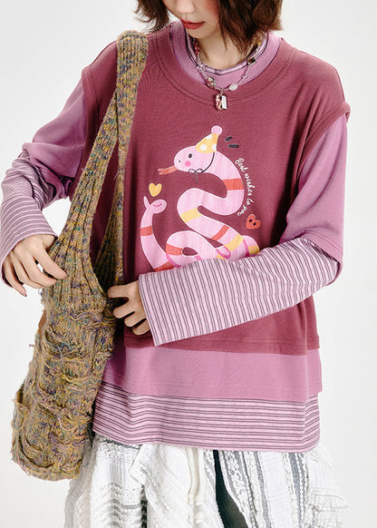 Pink Oversized Patchwork Print Cotton Fake Two Piece Sweatshirts Top Spring