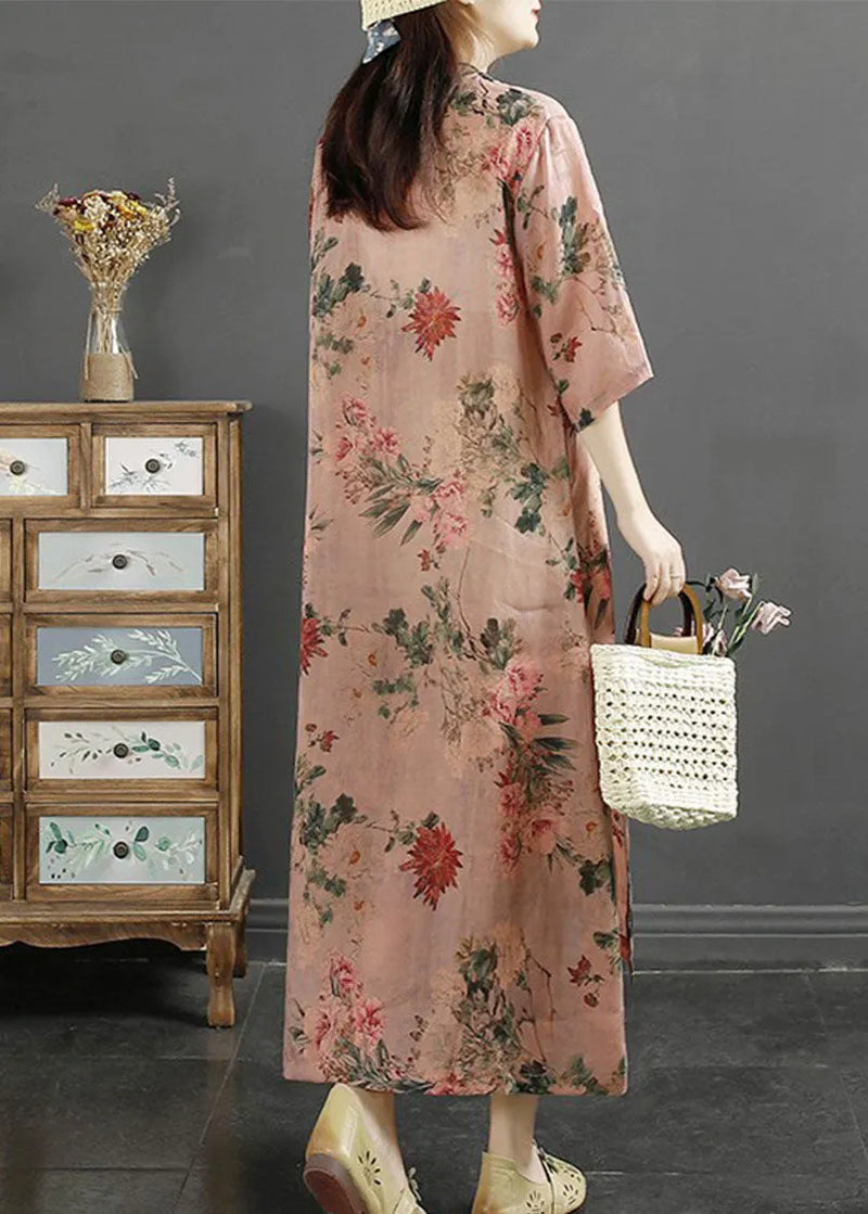 Pink Tasseled Print Patchwork Linen Dresses Summer