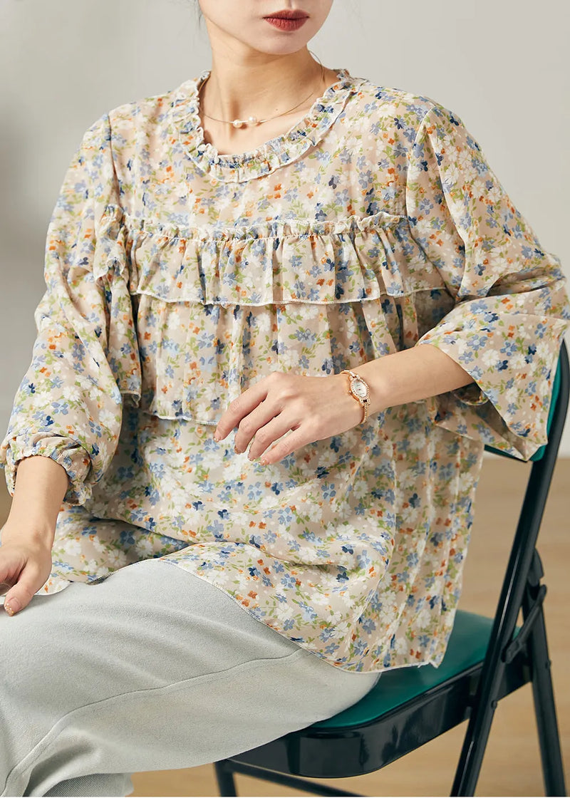 Ruffled Print Chiffon Shirt Tops Summer