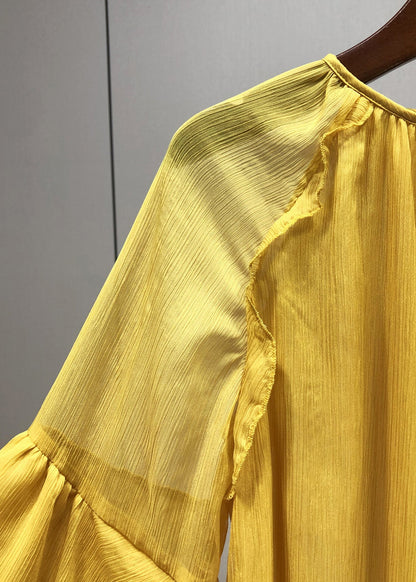 Stylish Yellow O-neck Ruffles Chiffon Blouses Fall
