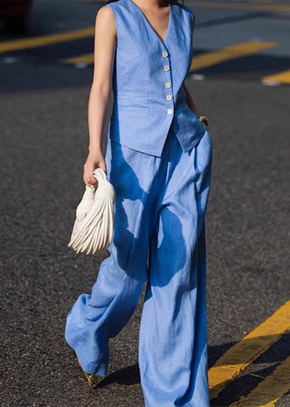 Blue V Neck Button Waistcoat and Straight Pants Two Pieces Set Sleeveless