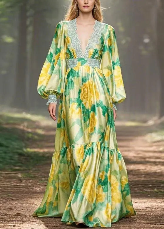 Green Print High Waist Silk Maxi Dress V Neck Spring