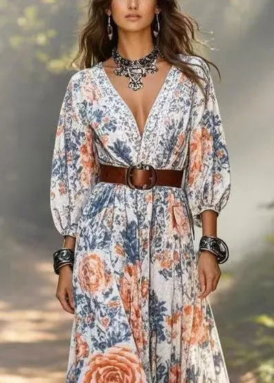 V Neck Print Cotton Tunic Dresses Bracelet Sleeve